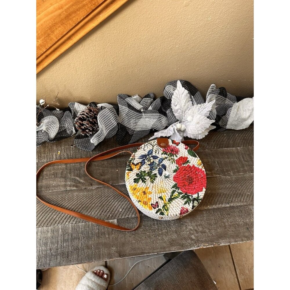 Collection Eighteen Garden Handwoven Round Rattan Bag with Leather shoulder Cute